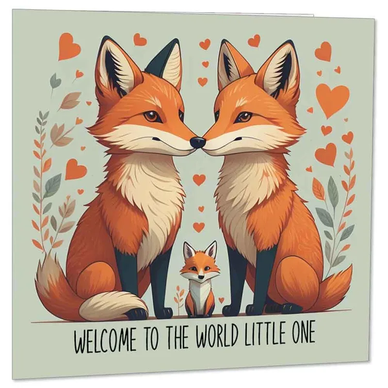 Fox Family Card – Two foxes and a cub with the words Welcome to the World Little One – Greeting Card in black
