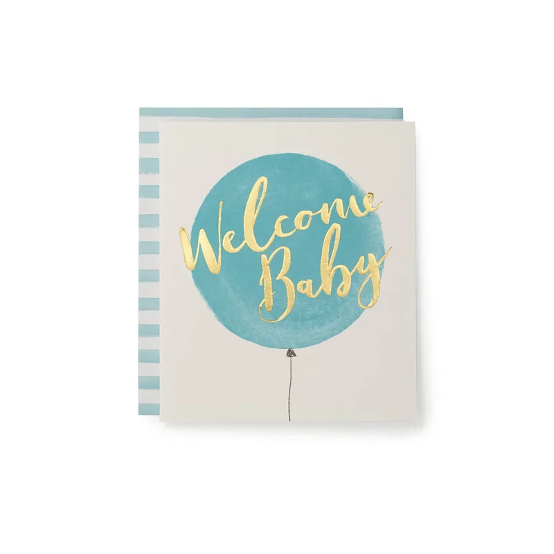 Balloon Gold Script New Baby Card: Teal Watercolor Welcome Design