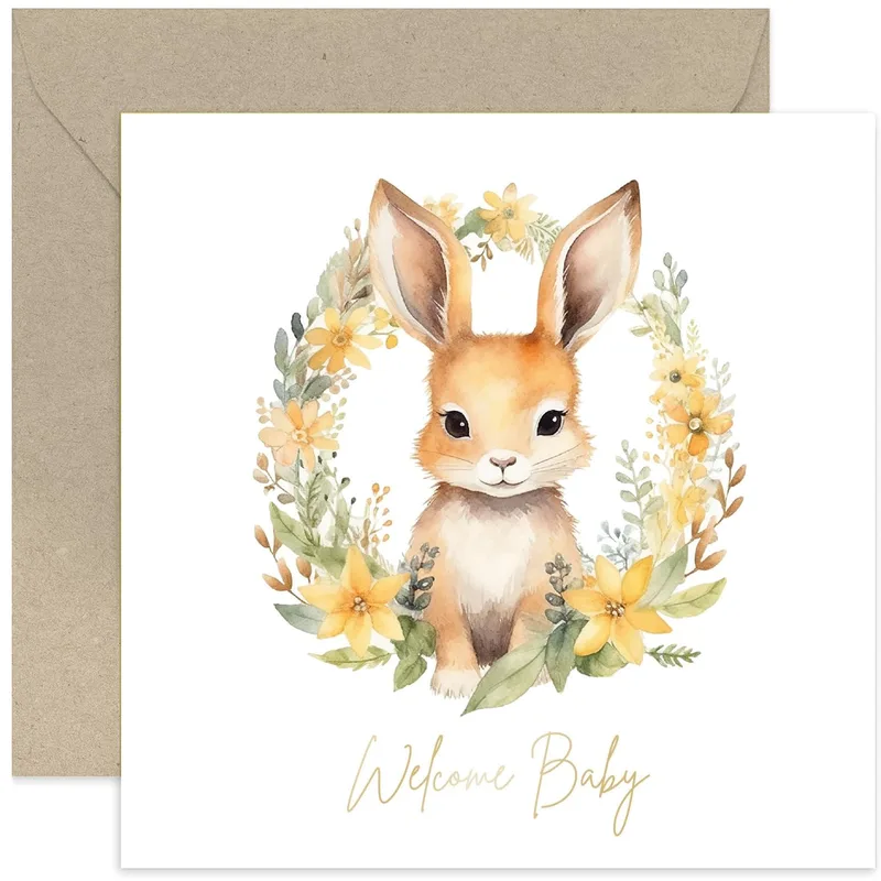 Yellow Floral Wreath New Baby Card