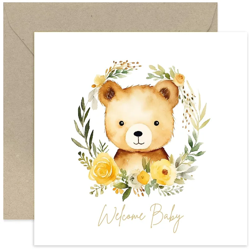 Bear Yellow Floral Wreath Card: A Watercolor Bear for New Parents