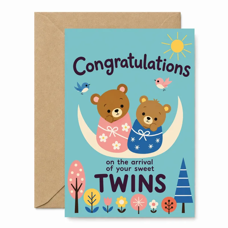Bears Twins Moon New Baby Card for Twin Parents