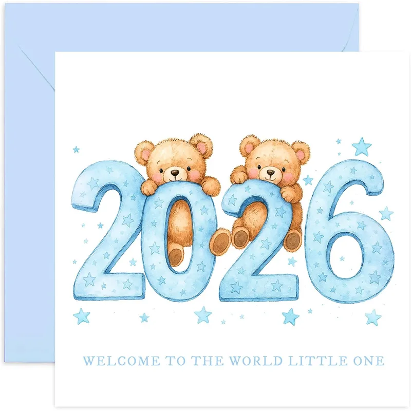 Blue Teddy Bears 2026 Card – Two teddy bears holding blue 2026 numbers with stars and welcome text – Greeting Card in natural