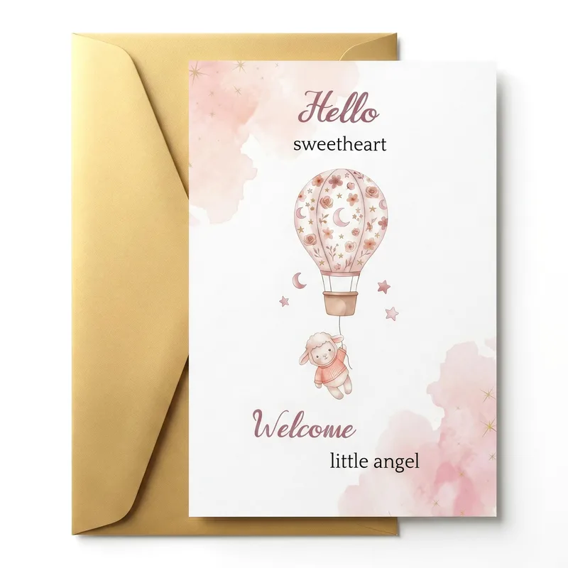 Air Balloon Angel New Baby Card Hello Sweetheart Design