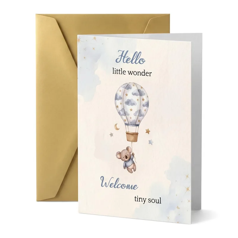 Air Balloon Bear New Baby Card: Hello Little Wonder Greeting