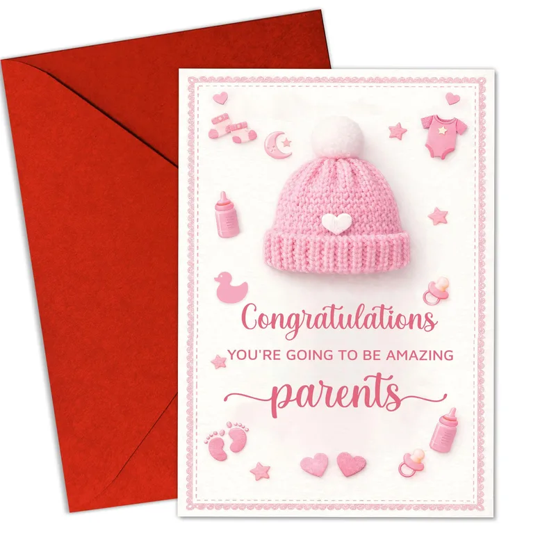 Knit Beanie Hat Pregnancy Card features a pink knit beanie