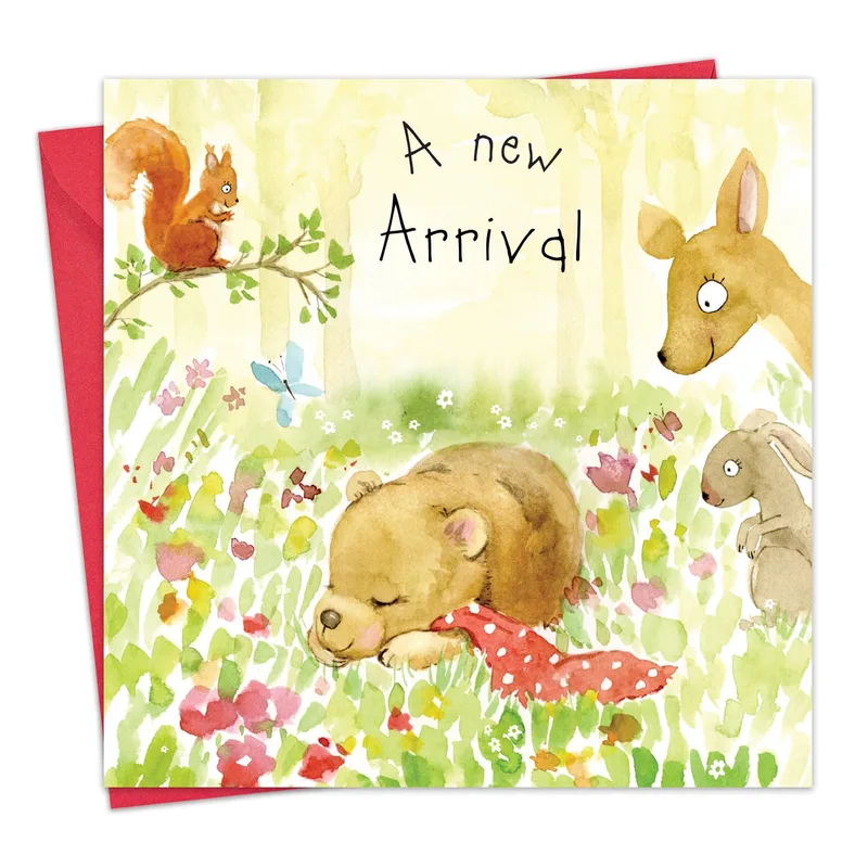 Woodland Animals New Baby Card features a watercolor bear