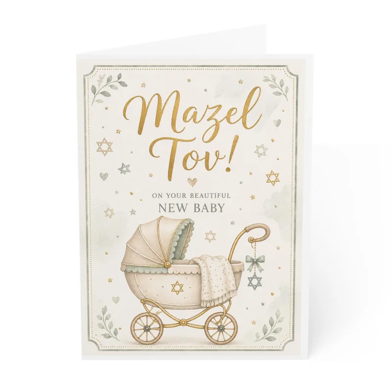 Mazel Tov Carriage New Baby Card featuring gold script