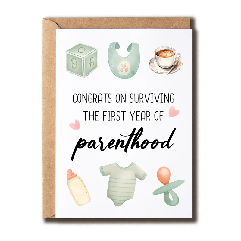 Icons White Card New Baby Card: Surviving First Year of Parenthood