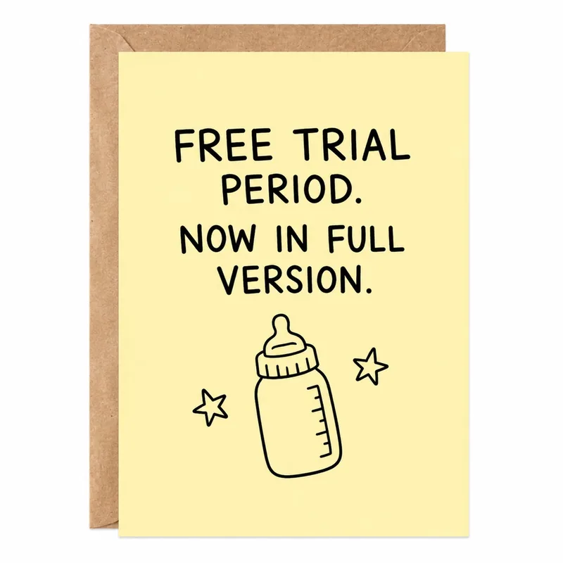 Yellow Bold Bottle New Baby Card: Free Trial Period Greeting