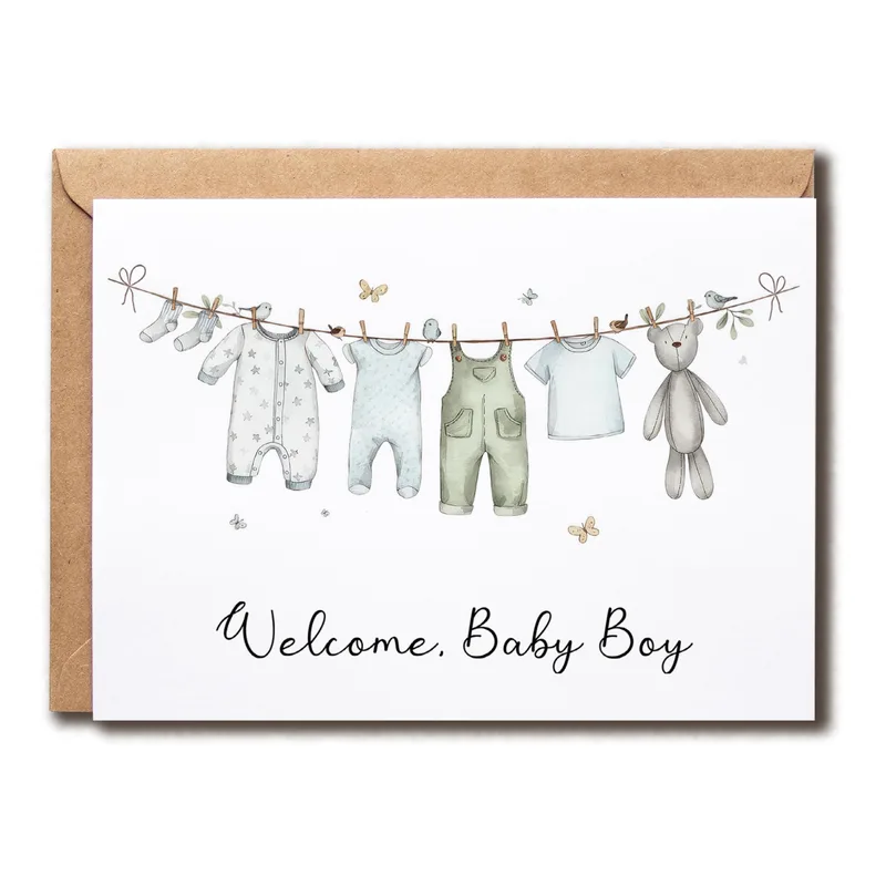 Baby Clothes Clothesline Card: Welcome Baby Boy Greeting