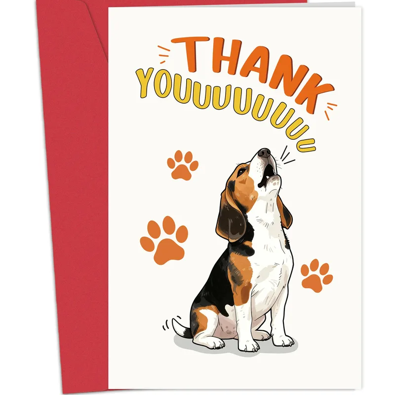 Dog Thank You Card – Beagle howling beside the words THANK YOUUUUUUUU – Greeting Card in black