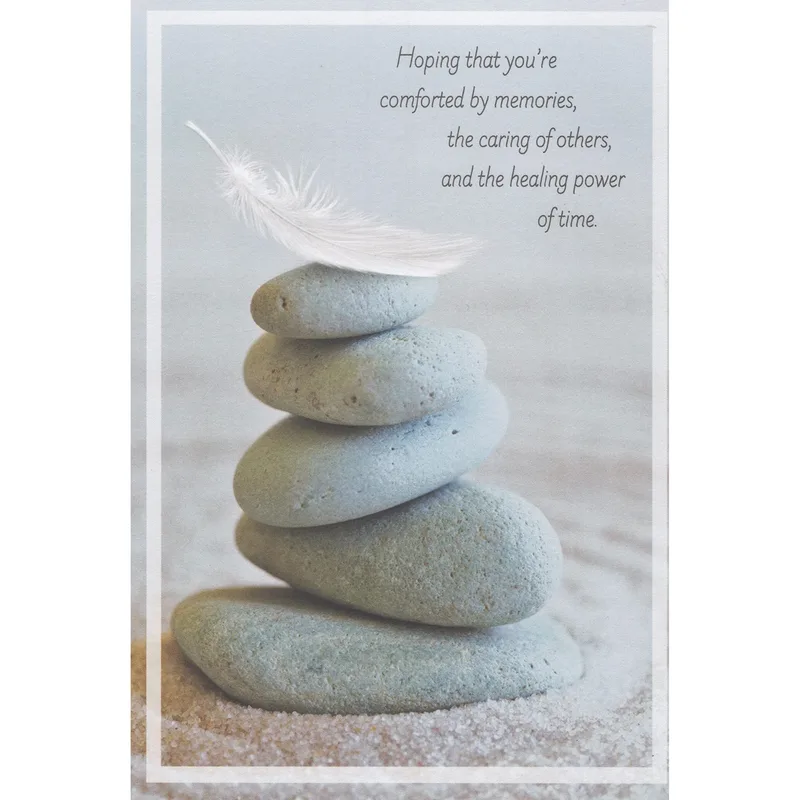 Comfort Memories Card: Stacked Stones and a Feather