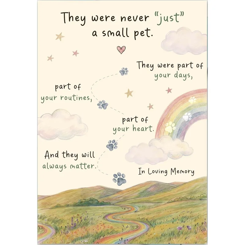 In Loving Memory Pet Card – Pastel rainbow and paw prints with “They were never just a small pet” – Greeting Card in black