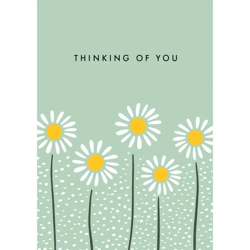 Daisy Flowers Card – Mint card with white daisies and THINKING OF YOU printed above – Greeting Card in black