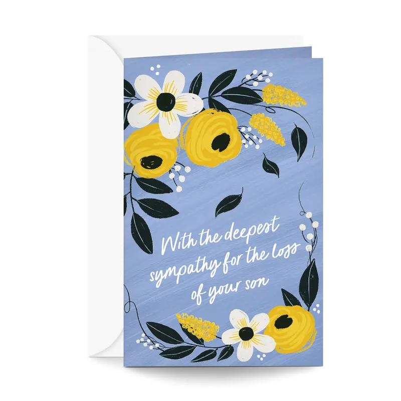 Deepest Sympathy Son Card: Soft Blue and Gold Florals