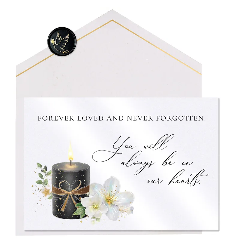 In Memory Remembrance Card with a Black Candle and White Flowers