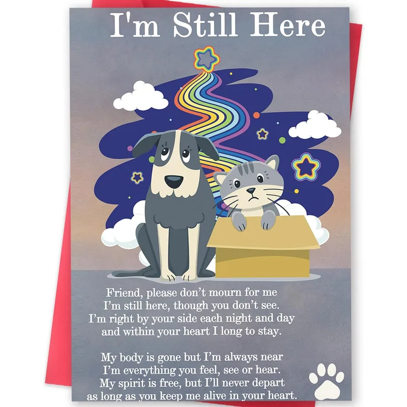 Dog and Cat Memorial Card – Cartoon dog and cat under rainbow, I'm Still Here poem – Greeting Card in black