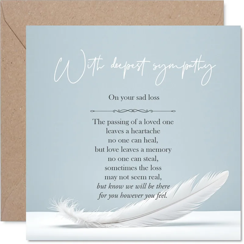With deepest Sympathy Card: a gentle white feather for loss