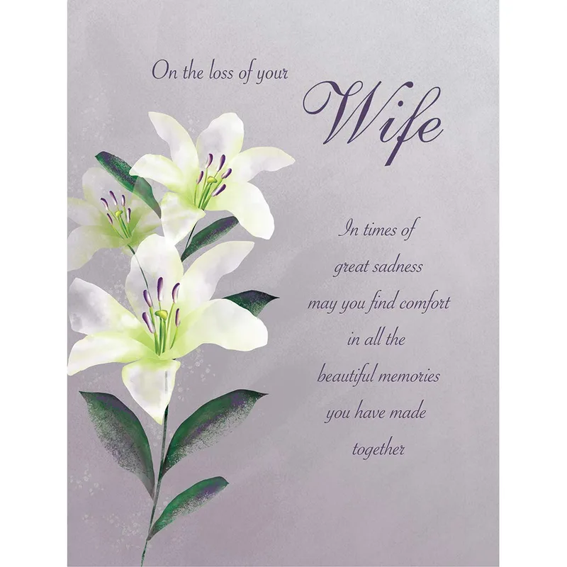 Loss of Wife Card – White lilies and purple text reading On the loss of your Wife – Greeting Card in natural