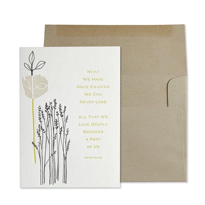 Sympathy Quote Card with Gold Botanical Sprigs and Helen Keller Words