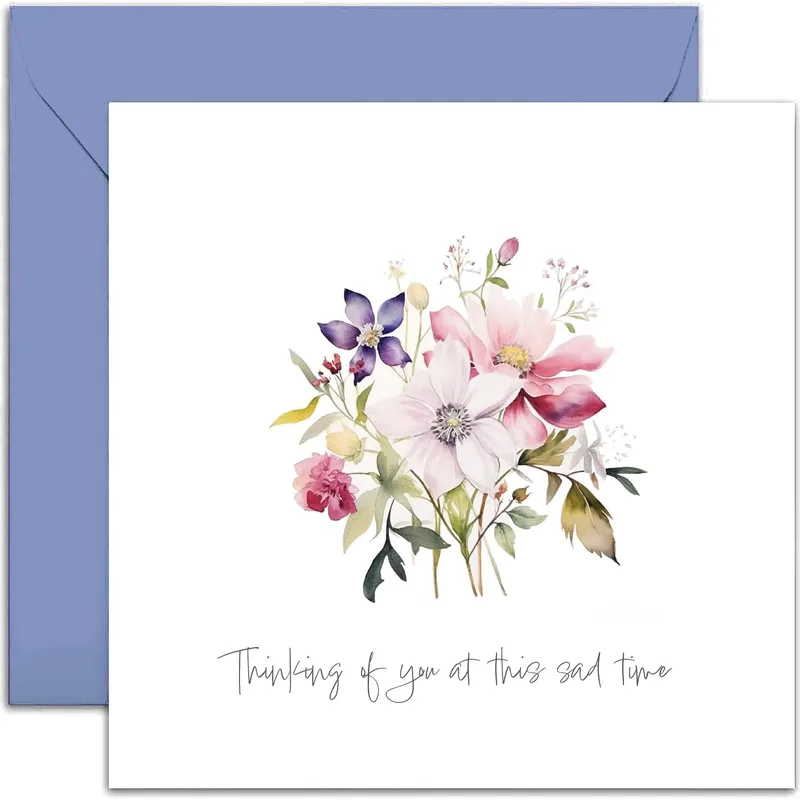 Thinking Card – Watercolor flower bouquet with Thinking of you at this sad time – Greeting Card in black
