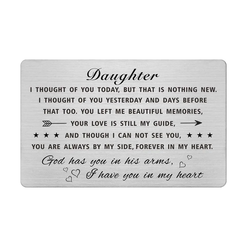 Memorial Daughter Card – Silver metal card reading Daughter with a poem and God has you in his arms – Greeting Card in black
