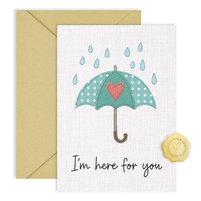 Here for You Card – Teal polka dot umbrella with pink heart and raindrops above script text – Greeting Card in natural