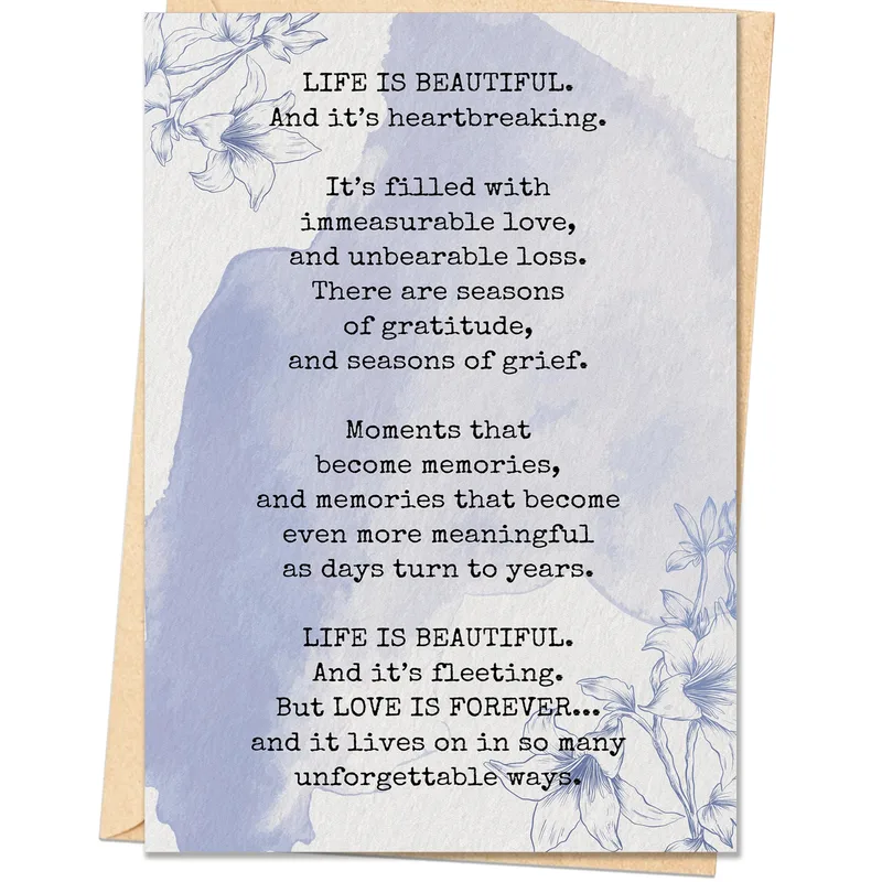 Life Is Beautiful Sympathy Card – Sympathy card with poem and blue watercolor lilies – Greeting Card in black