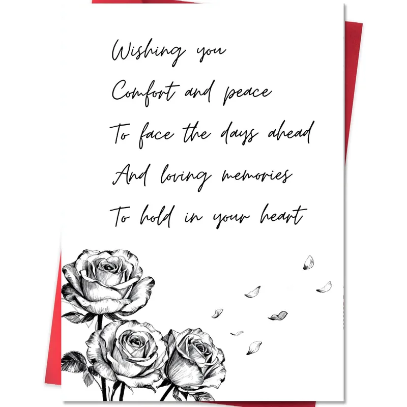 Wishing you and peace Card: Black Line Art Roses Sympathy Card