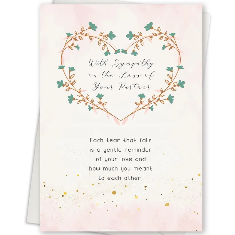 Sympathy Loss of Partner Card – Floral heart wreath with script sympathy text on pink – Greeting Card in black