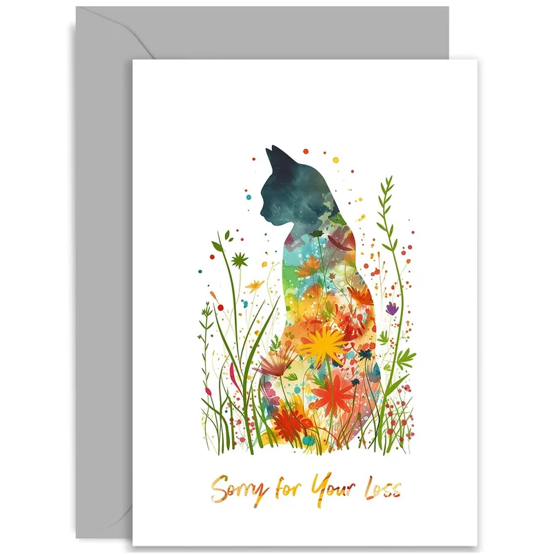 Watercolor Floral Cat Silhouette Card for Your Loss