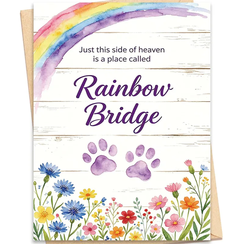Rainbow Bridge Card for Pet Loss, Watercolor Paw Prints