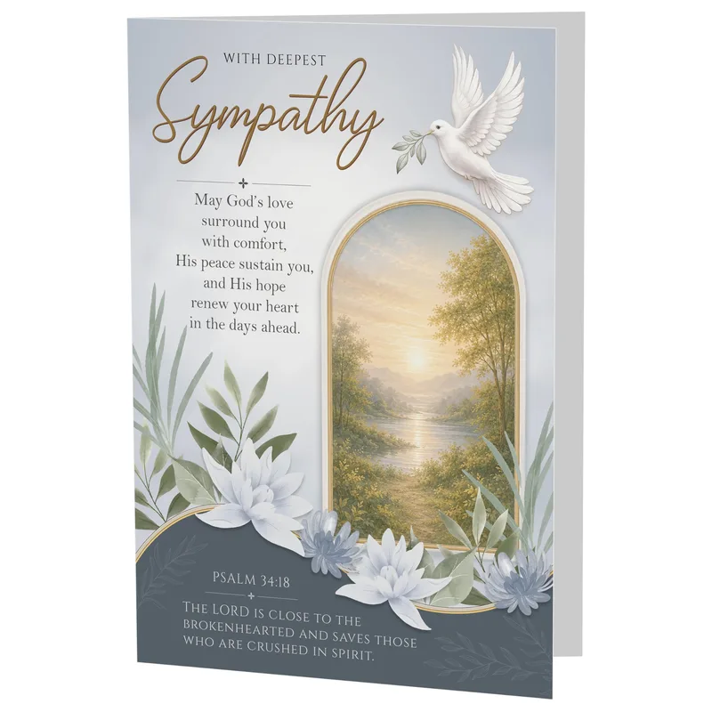 With Deepest Sympathy May Card – Sympathy card with dove, river landscape and Psalm 34:18 verse – Greeting Card in black