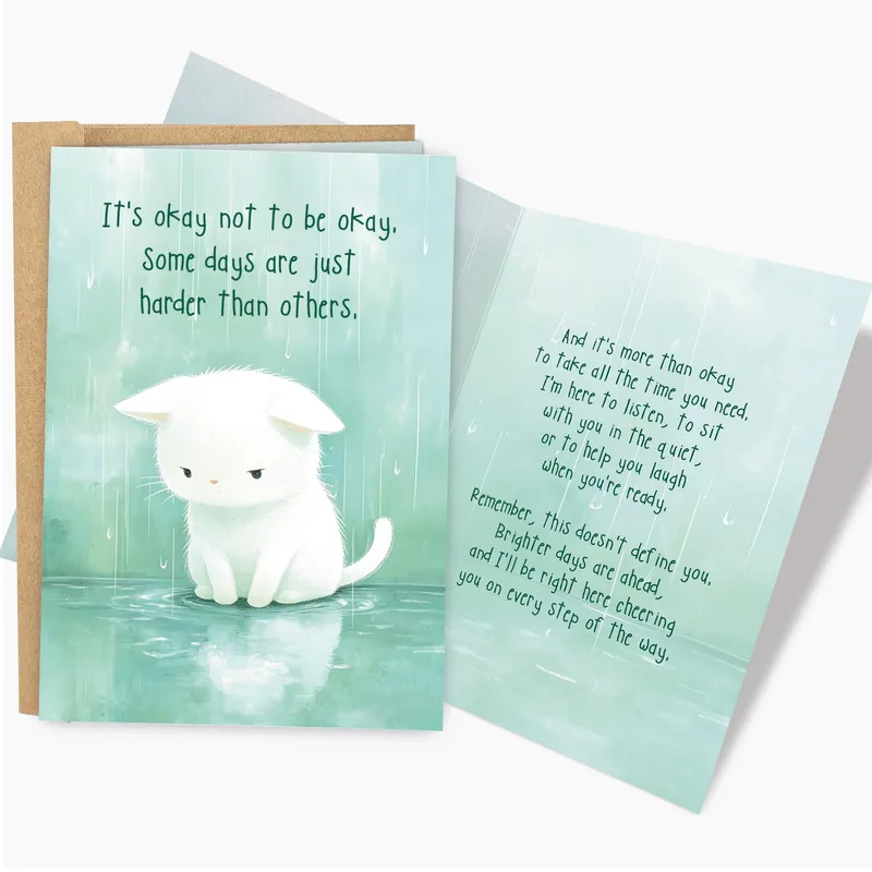 It's okay Card: Mint Watercolor White Kitten Encouragement Card