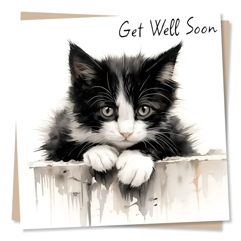 Get Well Kitten Card with a Soft Black and White Watercolor Cat