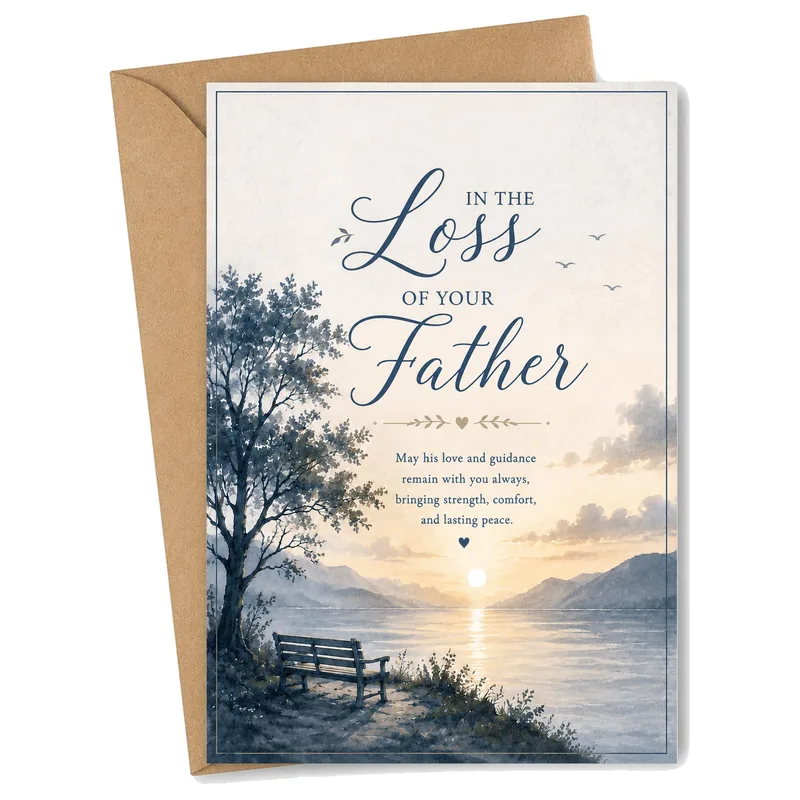 Sympathy for Father Loss Card: A Quiet Lakeside Bench