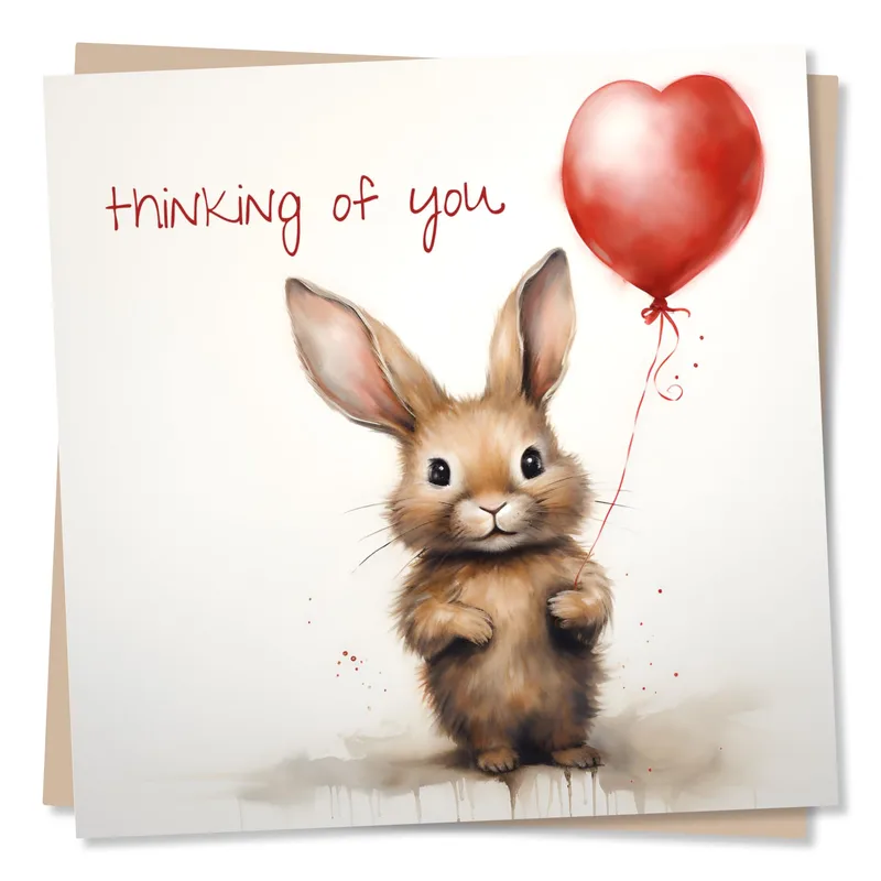 Thinking of You Bunny Card with Red Heart Balloon