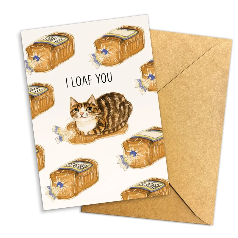 Loaf Pun Love Card: A Tabby Cat Tucked in Bread