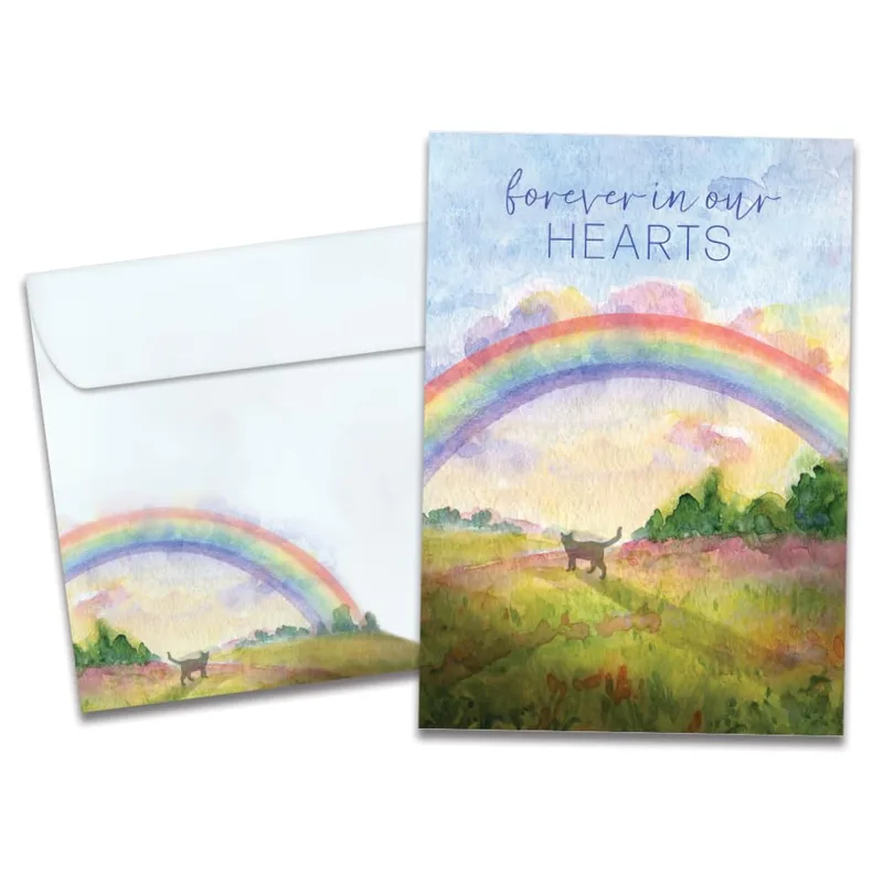 Rainbow Bridge Sympathy Card with a Cat Walking Toward Light