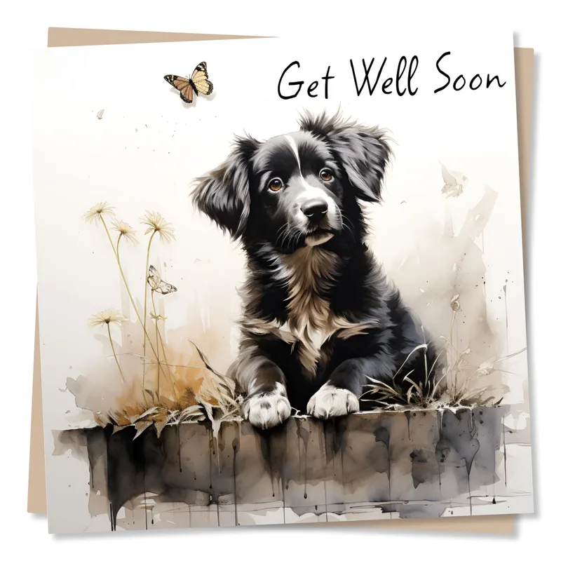 Get Well Puppy Card with a Black Puppy and Butterfly
