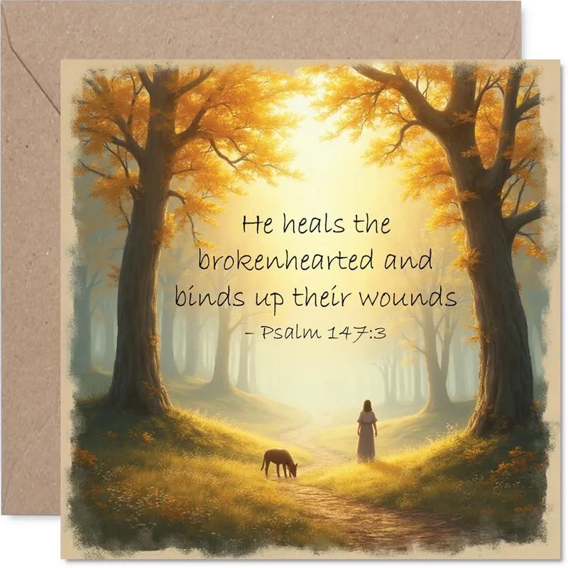Heals the Brokenhearted Card – Golden autumn forest with verse He heals the brokenhearted – Greeting Card in black