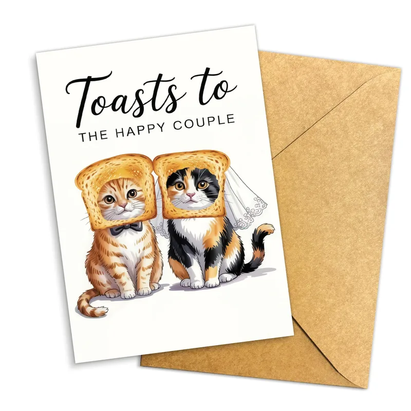 Toasts To The Happy Card: Cats in Toast Hats for the Newlyweds