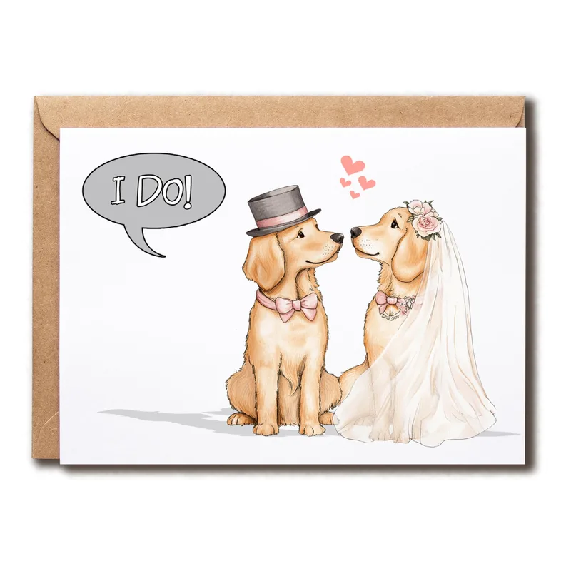 Golden Retriever Wedding Card with a Playful I DO! Bubble