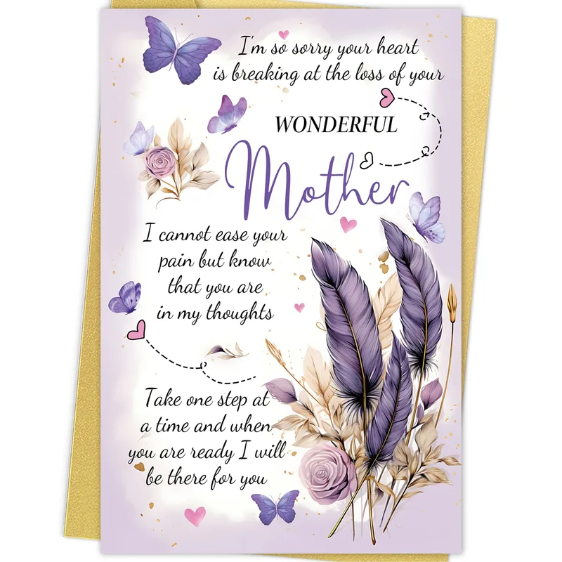 Condolence for Losing Mom Card with Purple Butterflies and Feathers