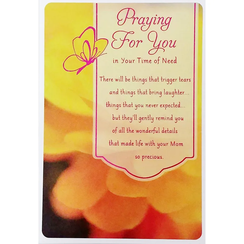 Condolence for Mom Card – Pink butterfly with yellow petals and Praying For You text – Greeting Card in black