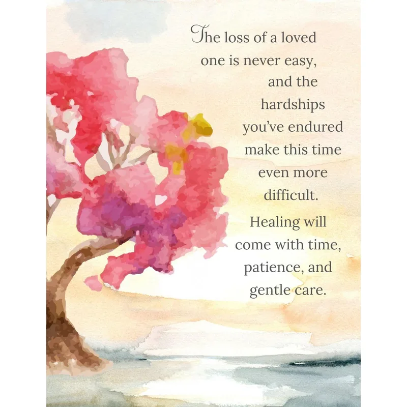Condolence for Loss Card – Pink watercolor blossom tree with printed sympathy message – Greeting Card in black