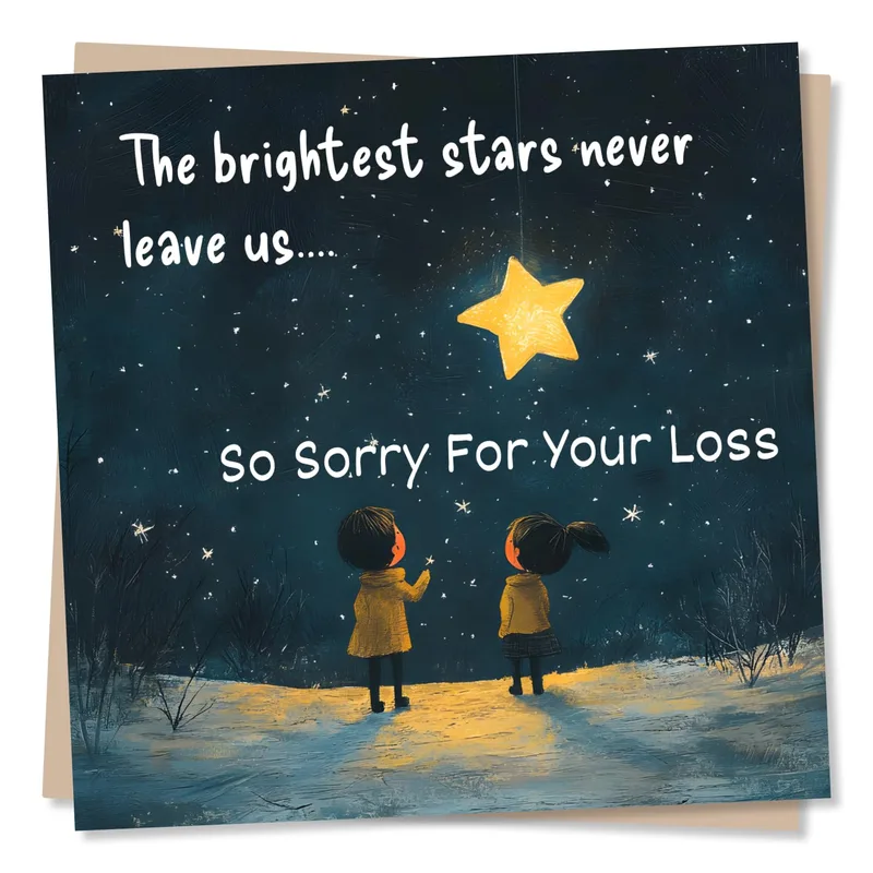 Sympathy Star Card – Night sky with glowing star and two children; sympathy message – Greeting Card in black