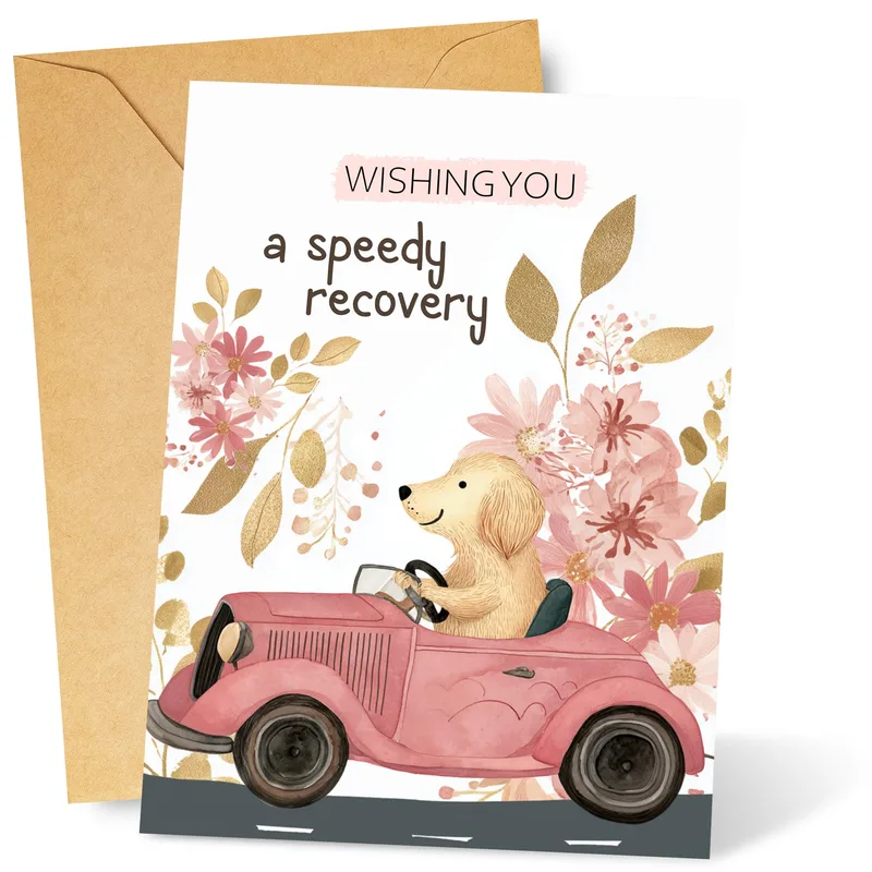 Puppy Driving Car Card: A Speedy Recovery Wish for Dog Lovers
