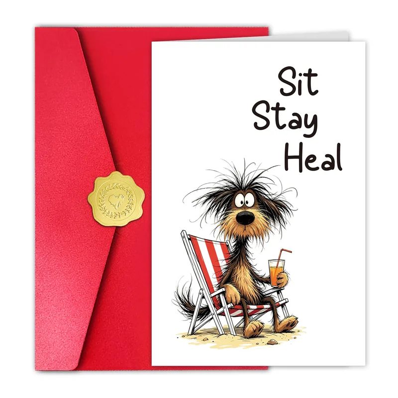 Sit Stay Heal Card: A Shaggy Dog Taking It Easy