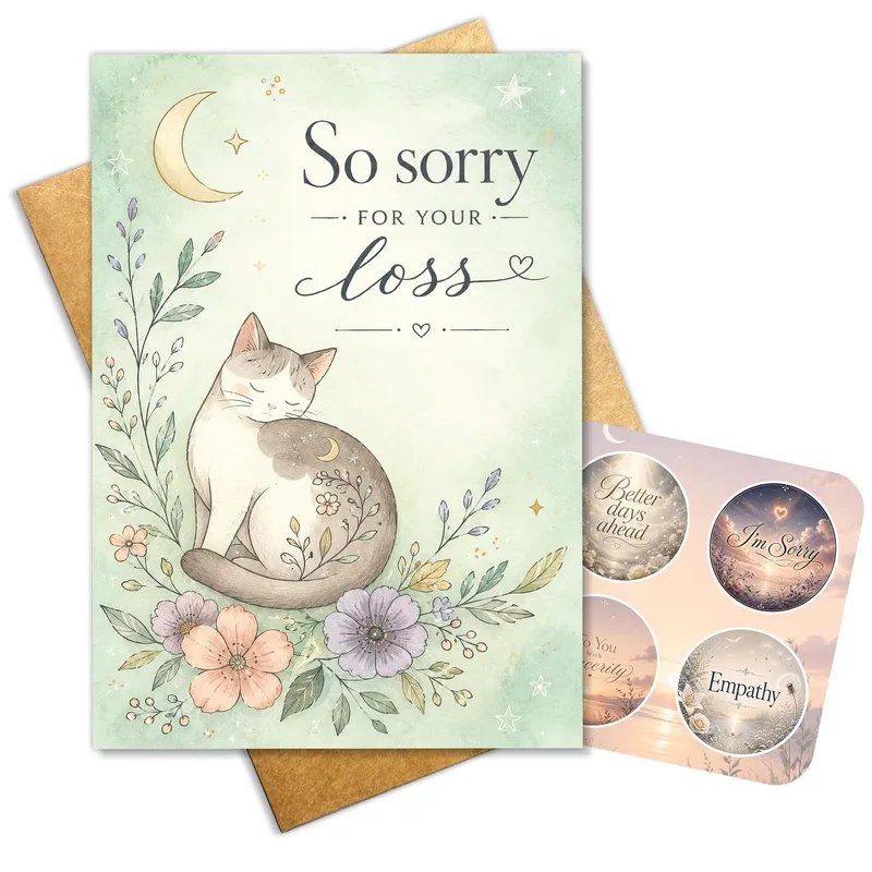 Sorry for Your Loss Cat Card with Crescent Moon and Florals